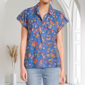 NWT Ro’s Garden Women's Netherlands Floral Cotton Shirt Sz XL Light Blue Baru